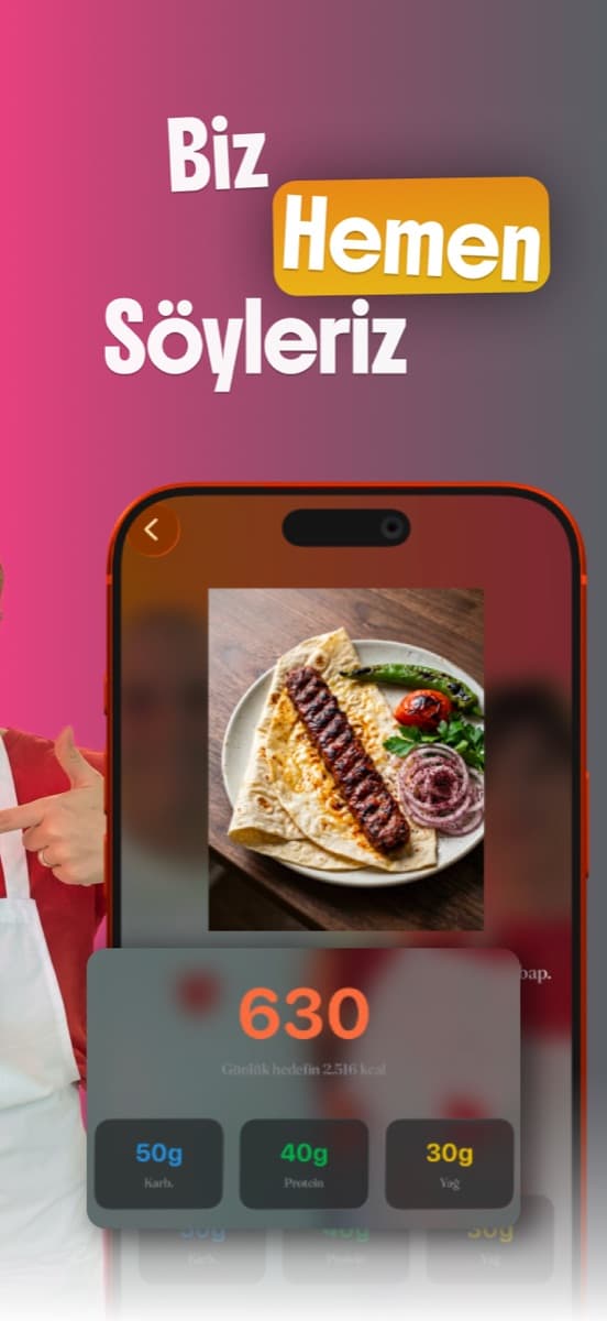Bizim Kitchen uygulamasında tabak fotoğrafından hesaplanan 630 kalorilik yemek analizi ekranı